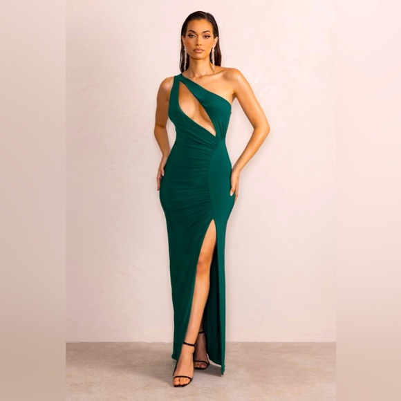 Club L London Dresses & Skirts - Until Dawn | Bottle Green One Shoulder Ruched Front Cut Out Maxi Dress